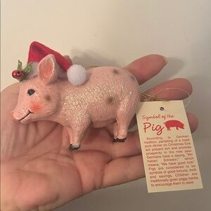 Bronner’s Pink Glass Pig Ornament w/Santa Hat Glitter Christmas GoodLuck Germany